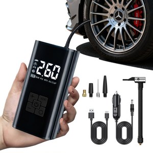 타이어 공기압 주입기  휴대용 무선 올인원  세트 6000mAh  타이어 압력 모니터링/led손전등/보조배터리/자동차 농구공 자전거 오토바이 다용도에어펌프